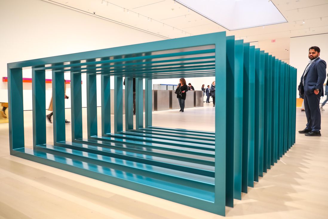 A turquoise block piece at the donald judd exhibit